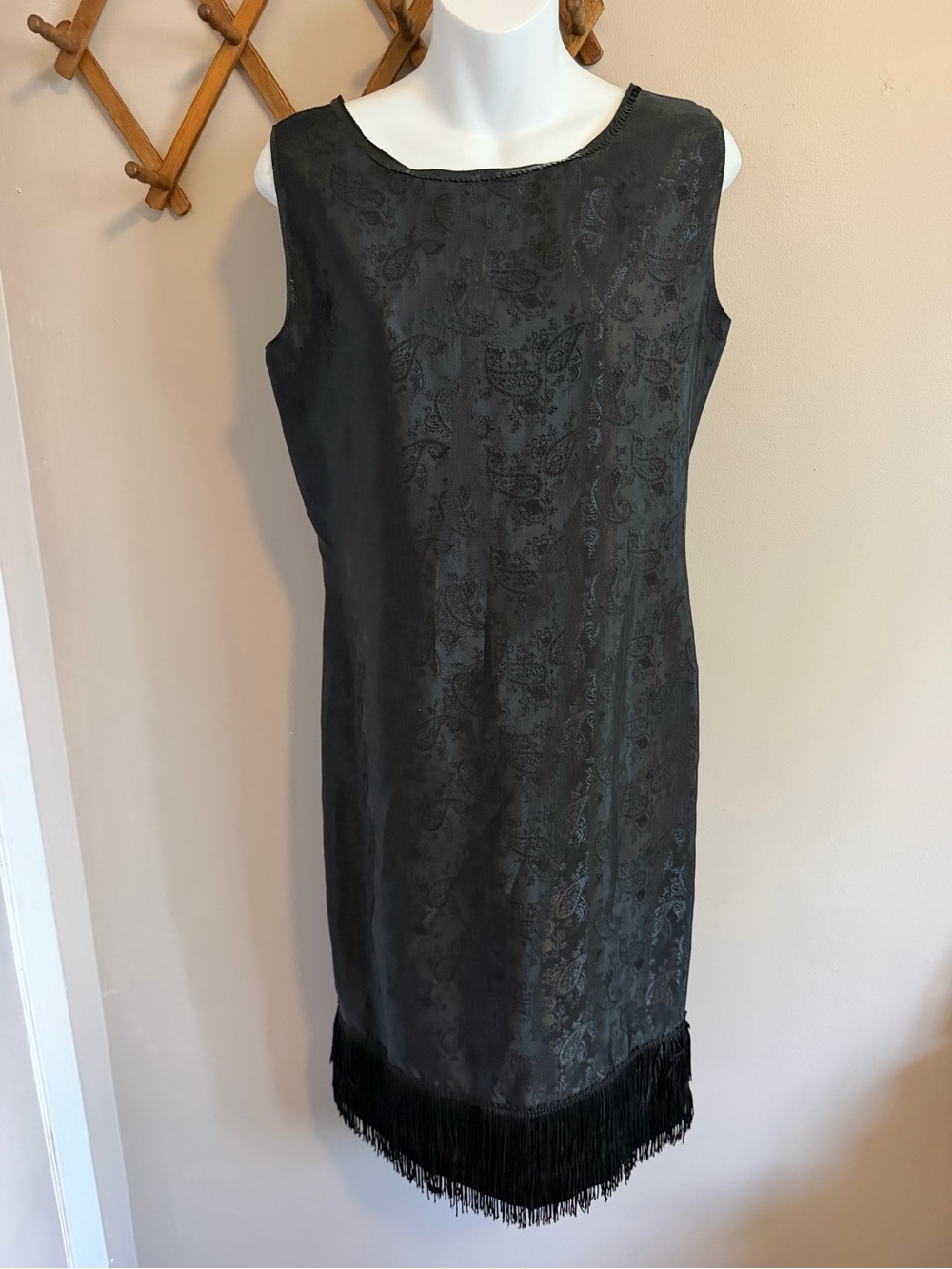 Vintage Handmade Black Paisley Brocade Flapper Dress Fringe Sequin Trim Size M